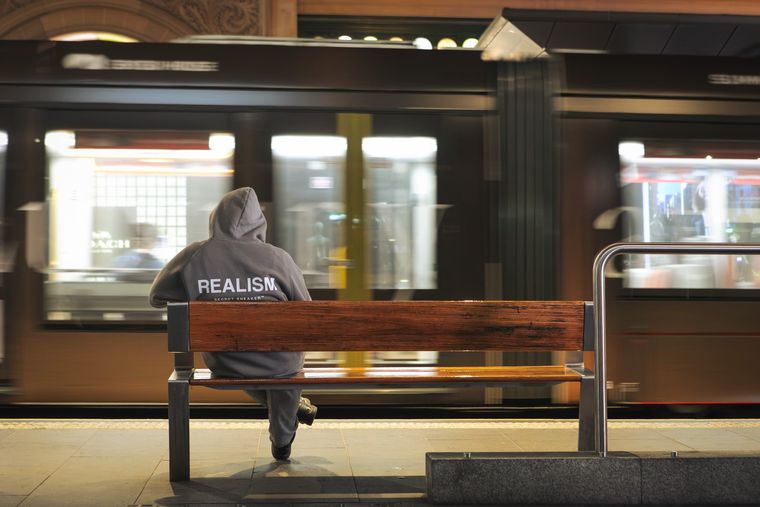 Wynyard tram stop, Sydney | Man on bench | 2025